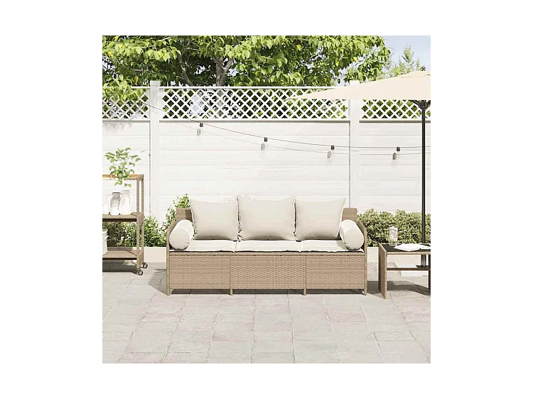 Canapé de jardin avec coussins 3 places beige résine tressée