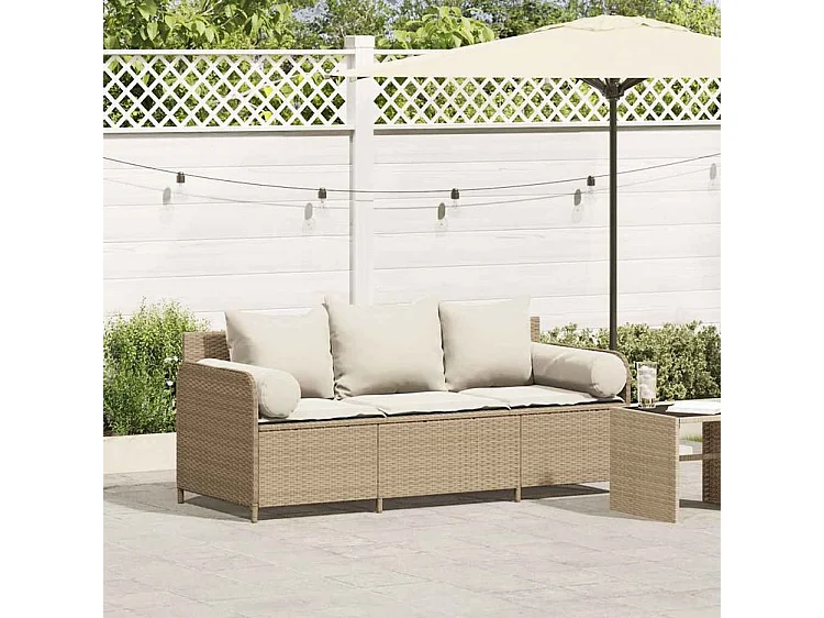Canapé de jardin avec coussins 3 places beige résine tressée