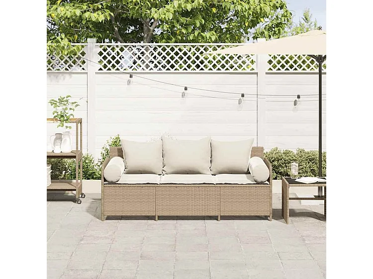 Canapé de jardin avec coussins 3 places beige résine tressée