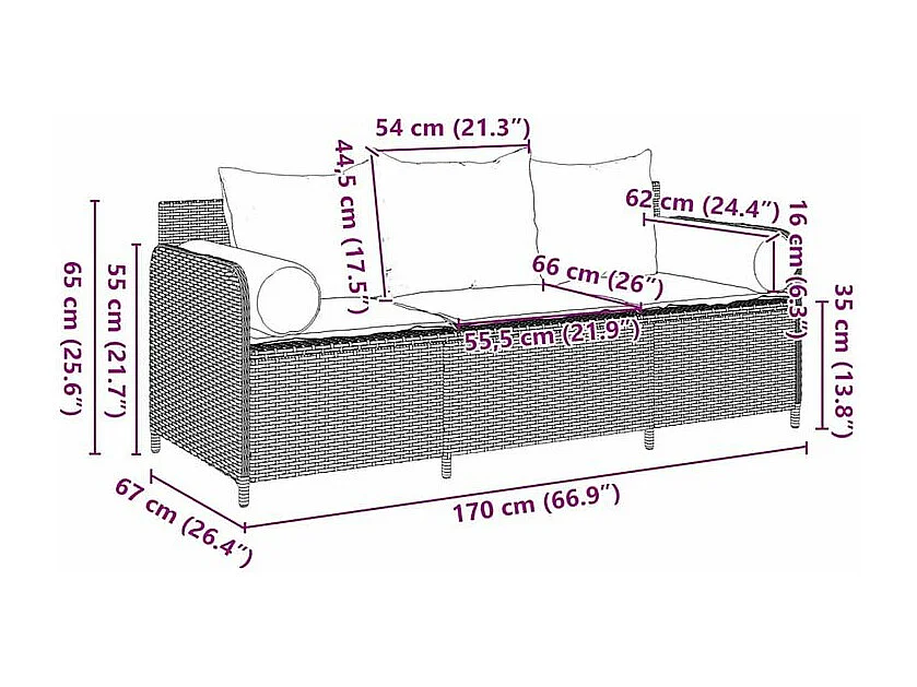 Canapé de jardin avec coussins 3 places beige résine tressée