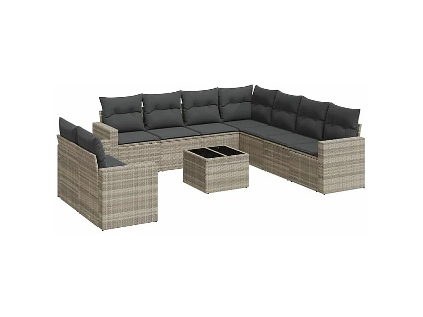 Salon de jardin avec coussins 10 pcs gris clair résine tressée