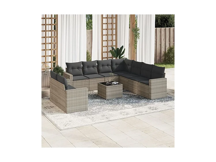 Salon de jardin avec coussins 10 pcs gris clair résine tressée