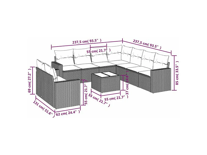 Salon de jardin avec coussins 10 pcs gris clair résine tressée
