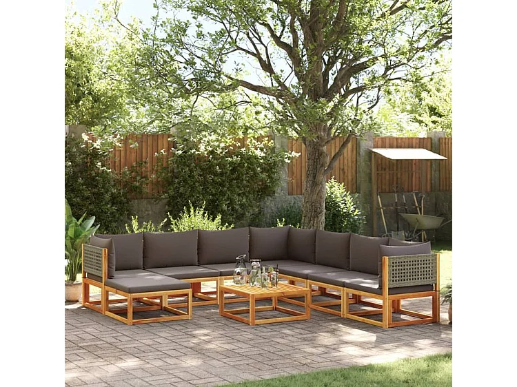 Salon de jardin avec coussins 9 pcs bois massif d'acacia