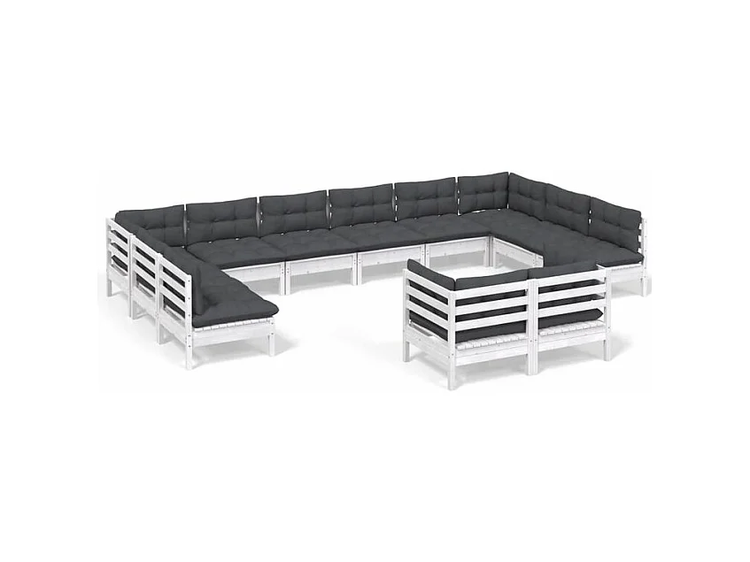Salon de jardin 12 pcs avec coussins blanc bois de pin massif