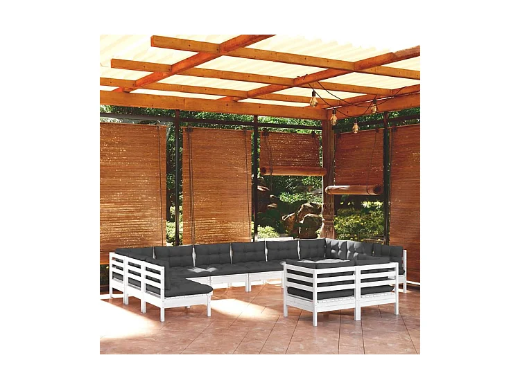 Salon de jardin 12 pcs avec coussins blanc bois de pin massif