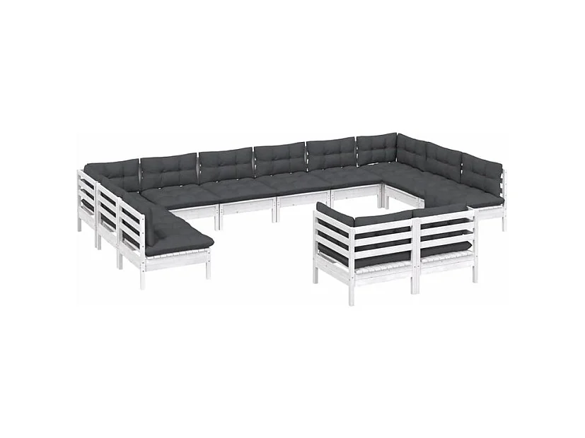 Salon de jardin 12 pcs avec coussins blanc bois de pin massif