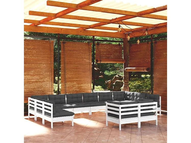 Salon de jardin 12 pcs avec coussins blanc bois de pin massif