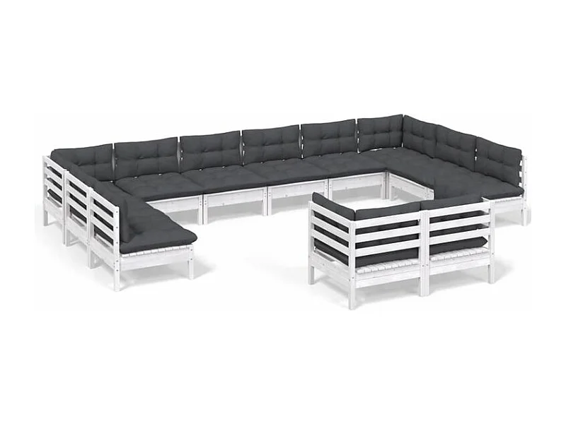 Salon de jardin 12 pcs avec coussins blanc bois de pin massif