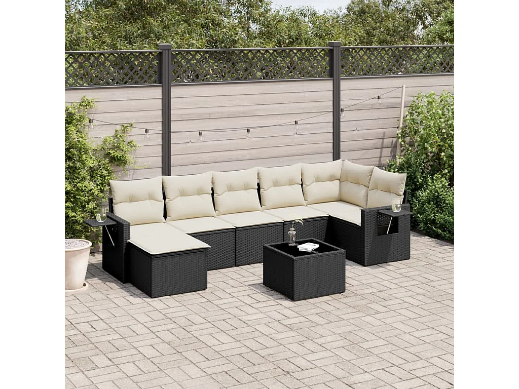 Salon de jardin 8 pcs avec coussins noir résine tressée