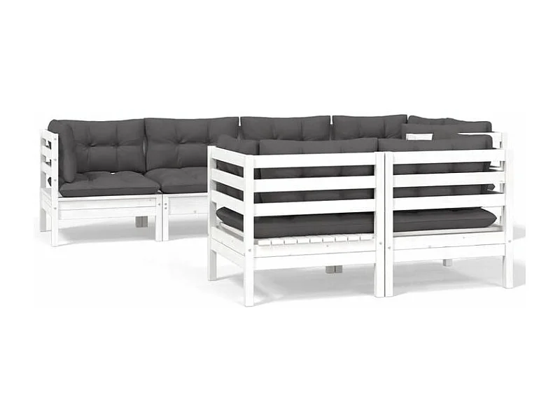 Salon de jardin 7 pcs avec coussins blanc bois de pin massif