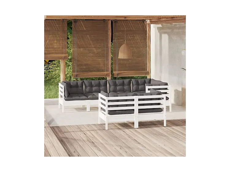 Salon de jardin 7 pcs avec coussins blanc bois de pin massif