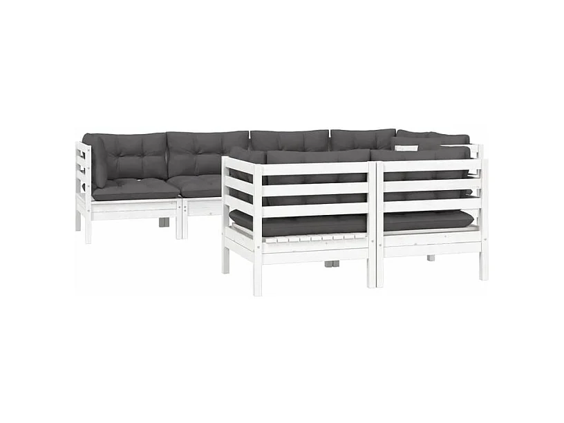 Salon de jardin 7 pcs avec coussins blanc bois de pin massif