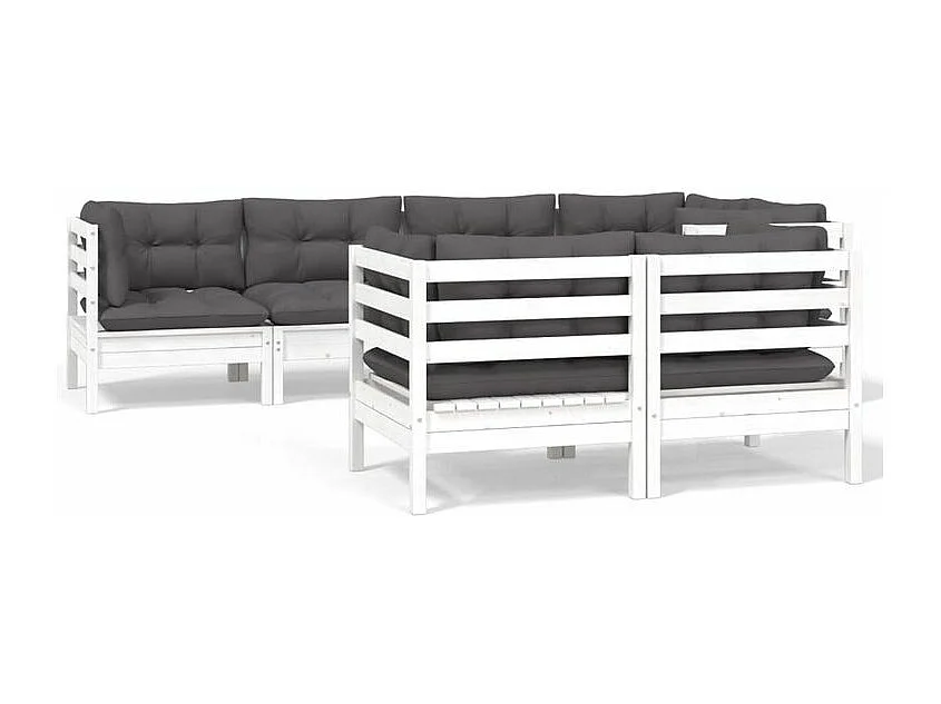 Salon de jardin 7 pcs avec coussins blanc bois de pin massif