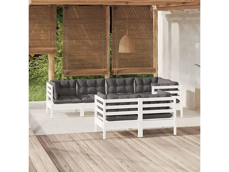 Salon de jardin 7 pcs avec coussins blanc bois de pin massif