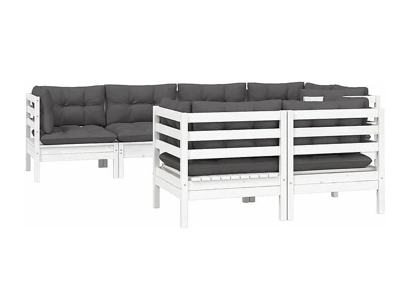 Salon de jardin 7 pcs avec coussins blanc bois de pin massif