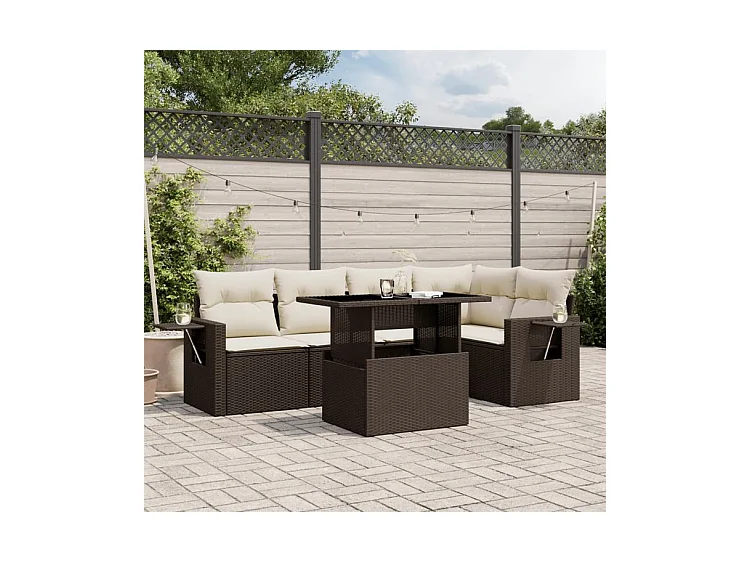 Salon de jardin avec coussins 6 pcs marron résine tressée