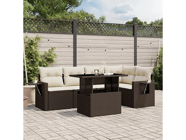Salon de jardin avec coussins 6 pcs marron résine tressée