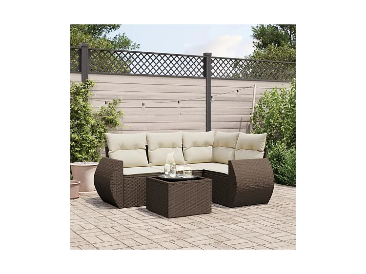 Salon de jardin avec coussins 5 pcs marron résine tressée