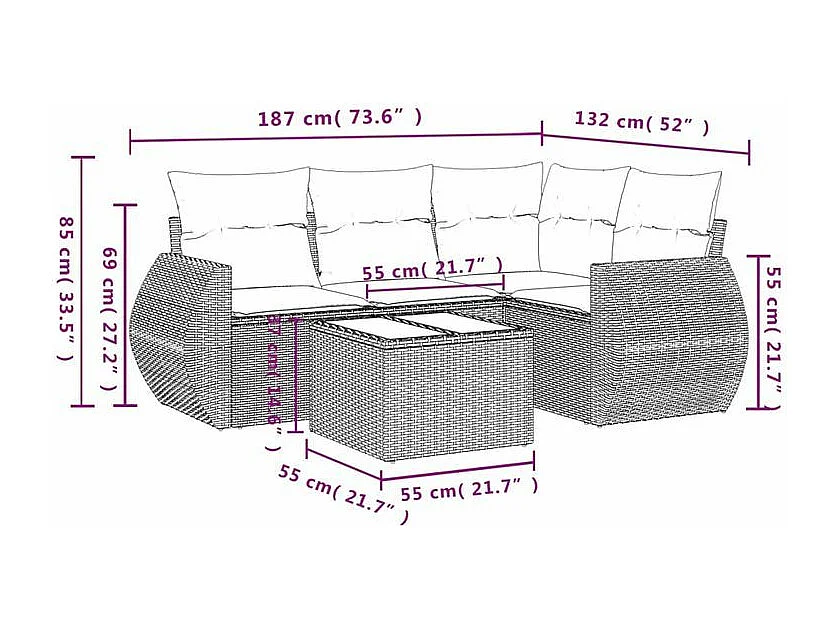 Salon de jardin avec coussins 5 pcs marron résine tressée