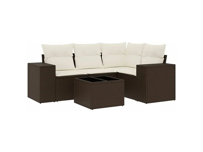 Salon de jardin avec coussins 5 pcs marron résine tressée
