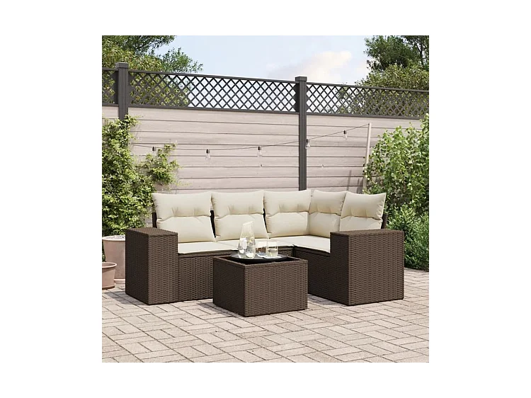 Salon de jardin avec coussins 5 pcs marron résine tressée