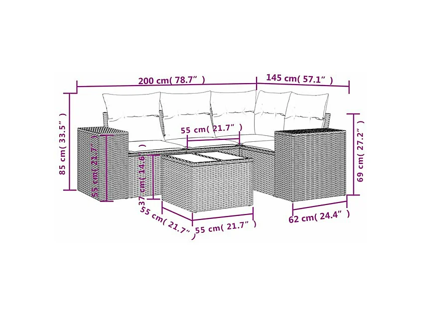 Salon de jardin avec coussins 5 pcs marron résine tressée