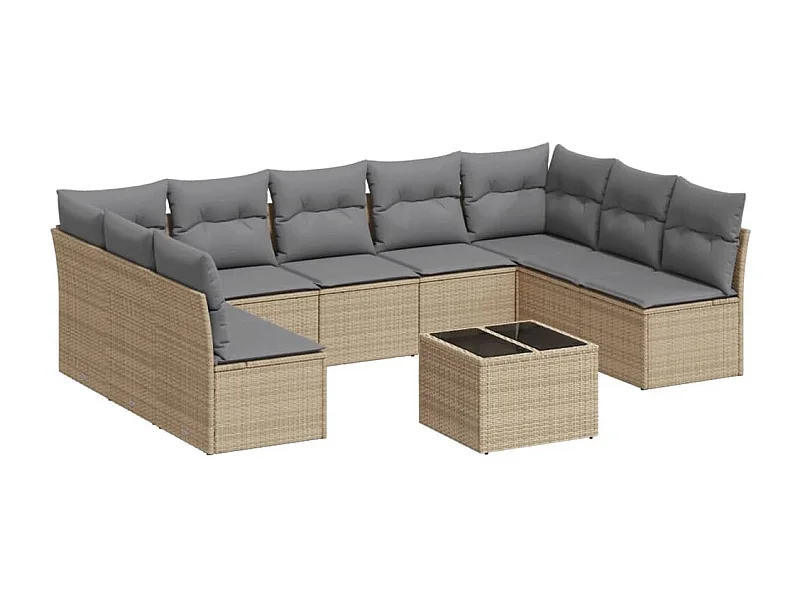 Salon de jardin avec coussins 10 pcs beige résine tressée