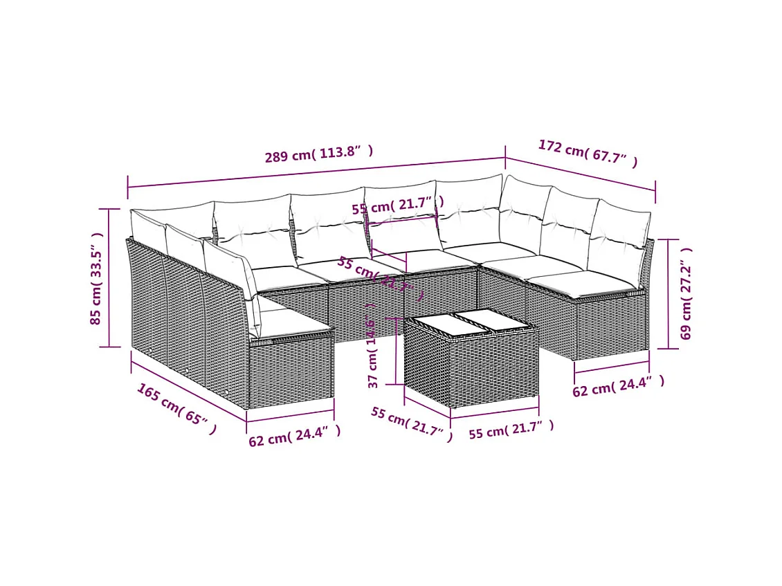 Salon de jardin avec coussins 10 pcs beige résine tressée