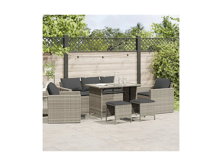 Salon de jardin 6 pcs avec coussins gris clair résine tressée
