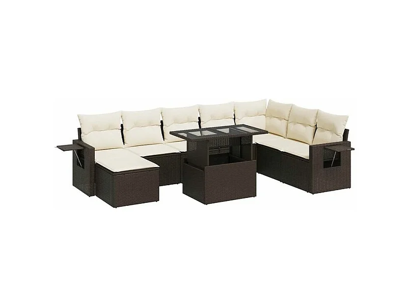 Salon de jardin avec coussins 9 pcs marron résine tressée