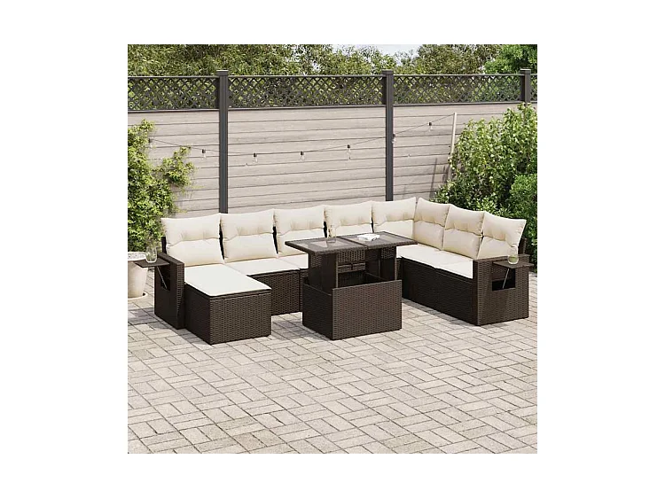 Salon de jardin avec coussins 9 pcs marron résine tressée