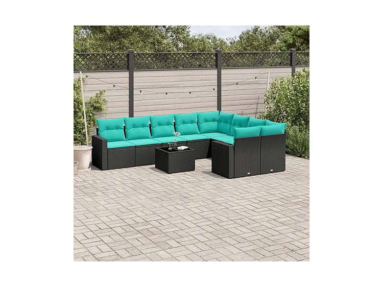 Salon de jardin 10 pcs avec coussins noir résine tressée