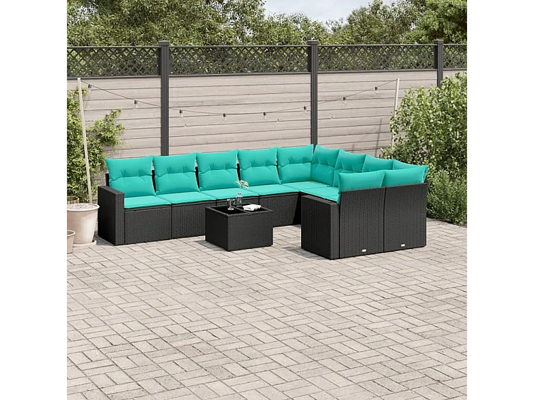 Salon de jardin 10 pcs avec coussins noir résine tressée