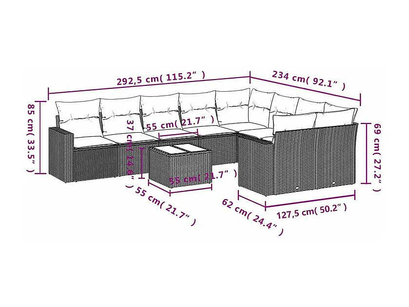 Salon de jardin 10 pcs avec coussins noir résine tressée
