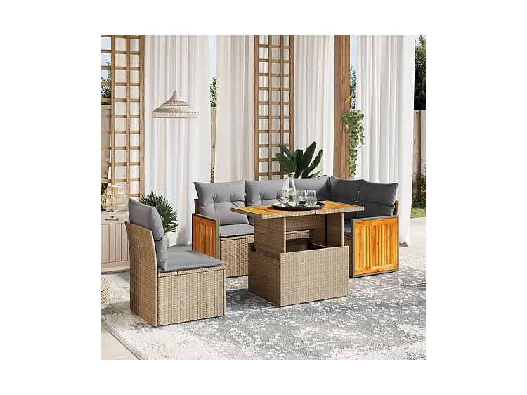 Salon de jardin avec coussins 6 pcs beige résine tressée