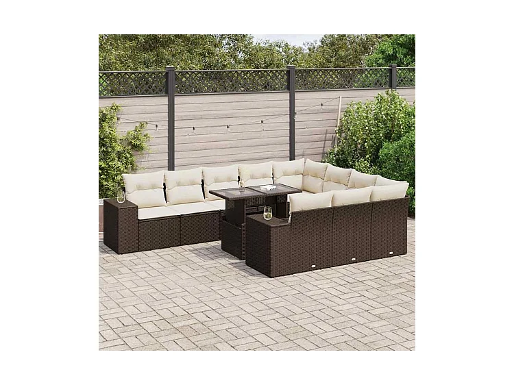 Salon de jardin et coussins 11 pcs marron résine tressée