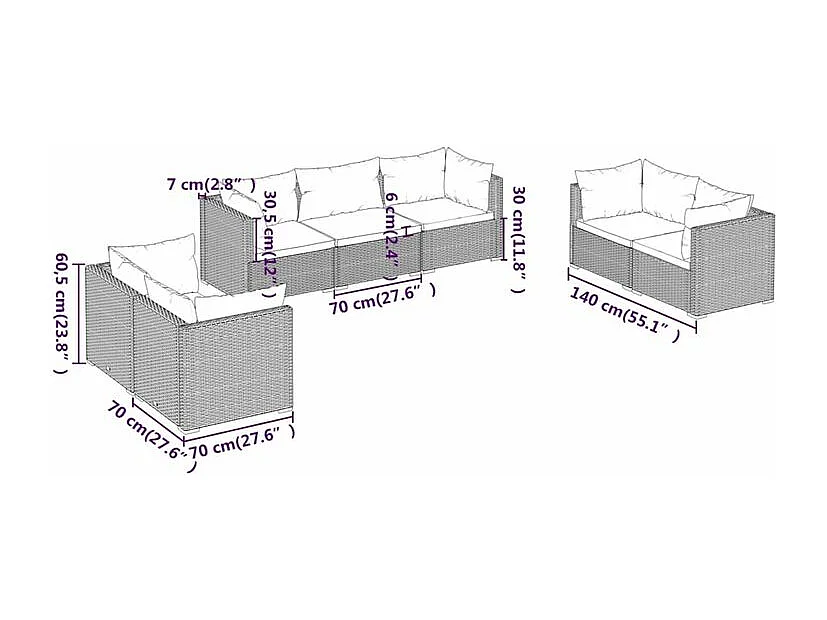 Salon de jardin 7 pcs avec coussins Résine tressée Noir