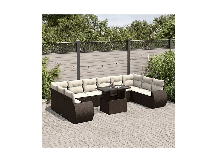 Salon de jardin et coussins 11 pcs marron résine tressée