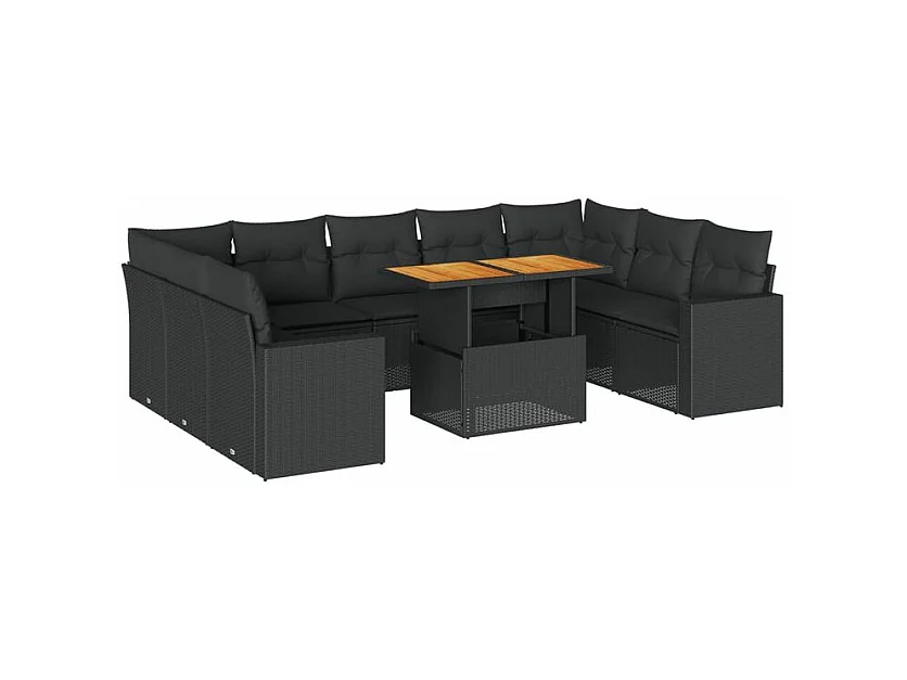 Salon de jardin 10 pcs avec coussins noir résine tressée