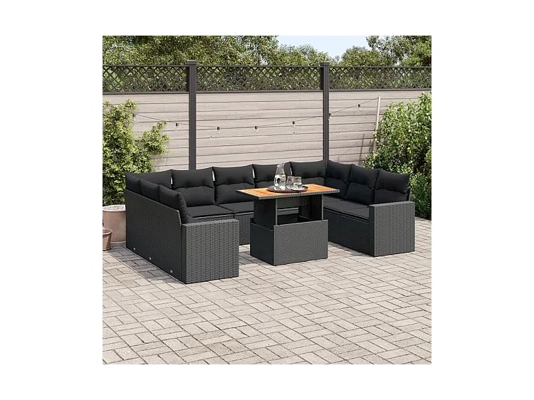Salon de jardin 10 pcs avec coussins noir résine tressée