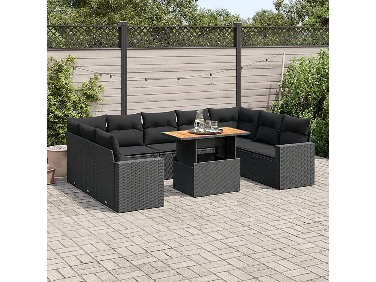 Salon de jardin 10 pcs avec coussins noir résine tressée