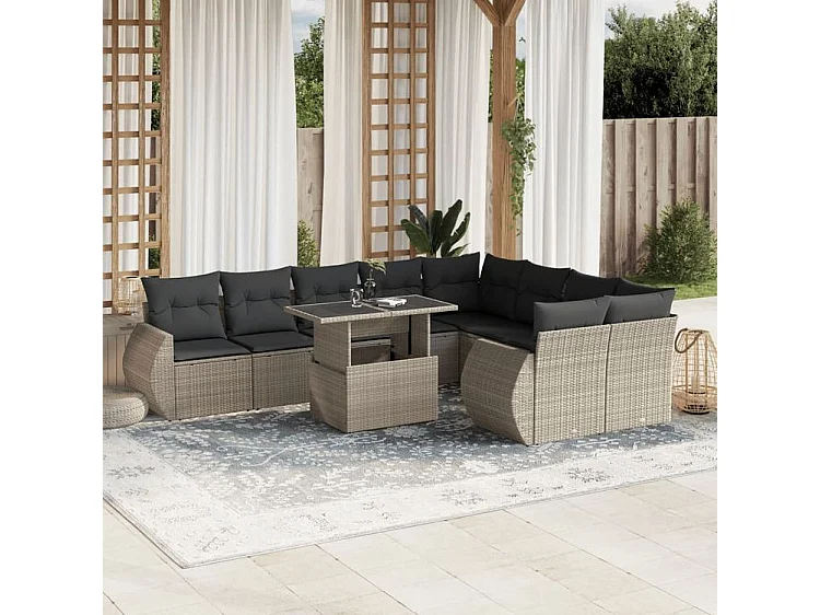 Salon de jardin avec coussins 10 pcs gris clair résine tressée