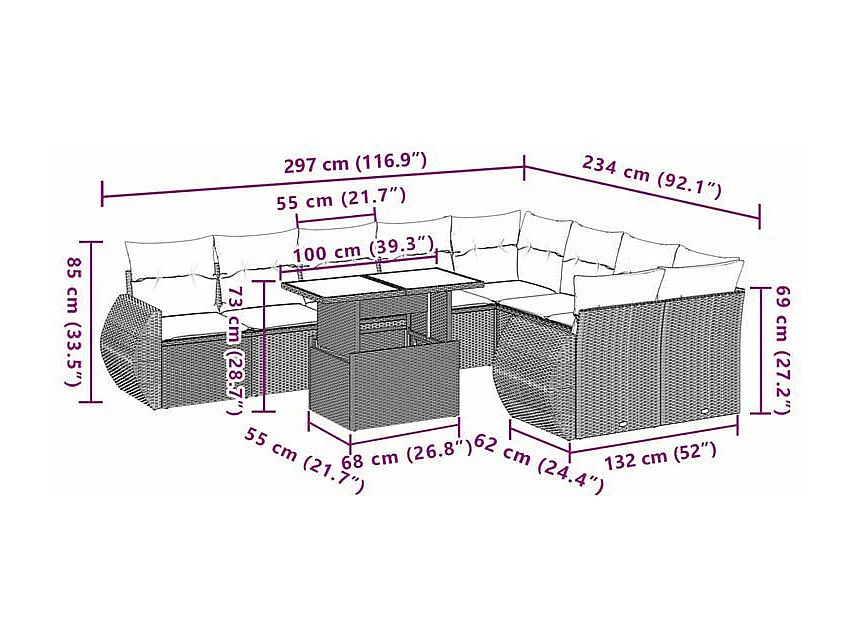 Salon de jardin avec coussins 10 pcs gris clair résine tressée