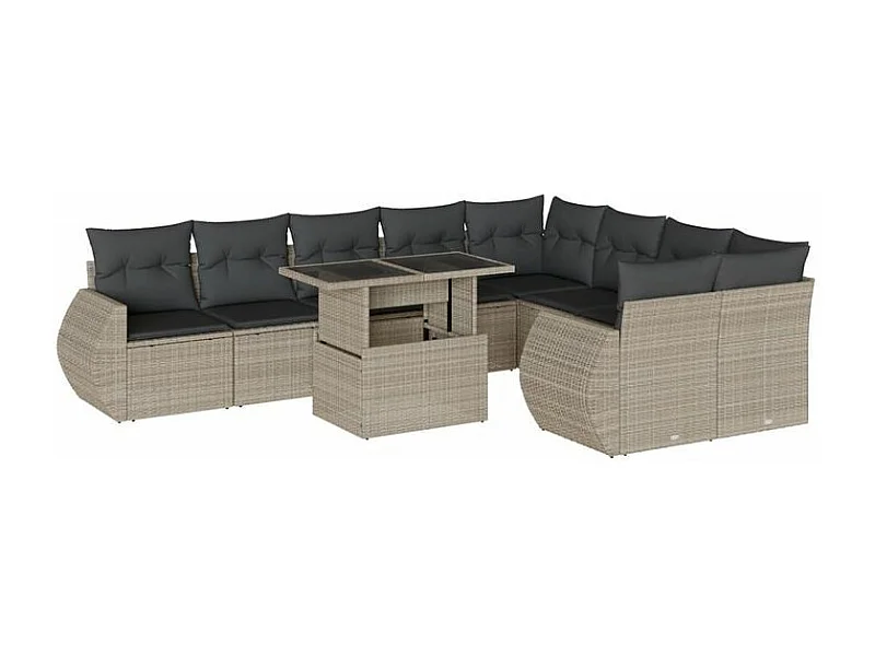 Salon de jardin avec coussins 10 pcs gris clair résine tressée