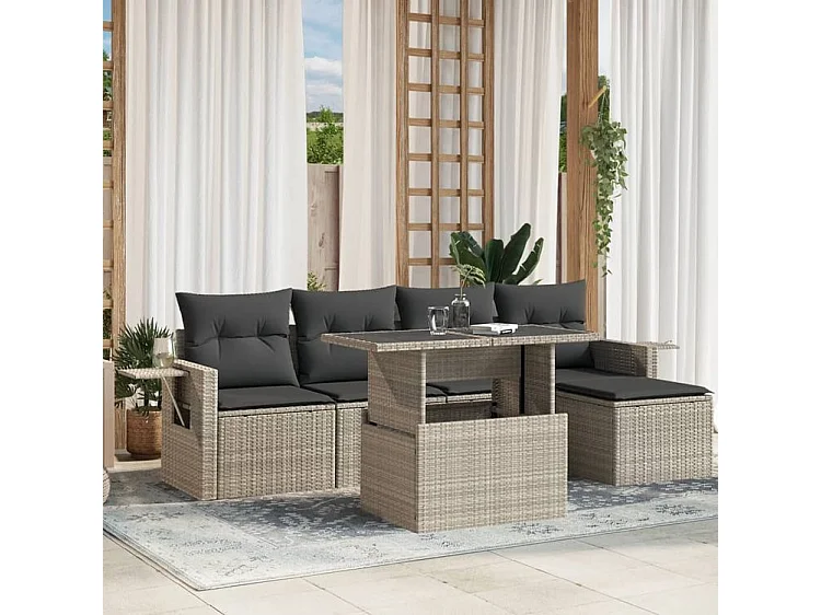 Salon de jardin 6 pcs avec coussins gris clair résine tressée