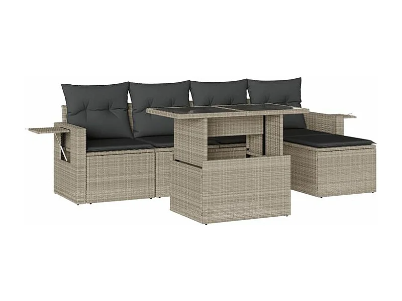 Salon de jardin 6 pcs avec coussins gris clair résine tressée