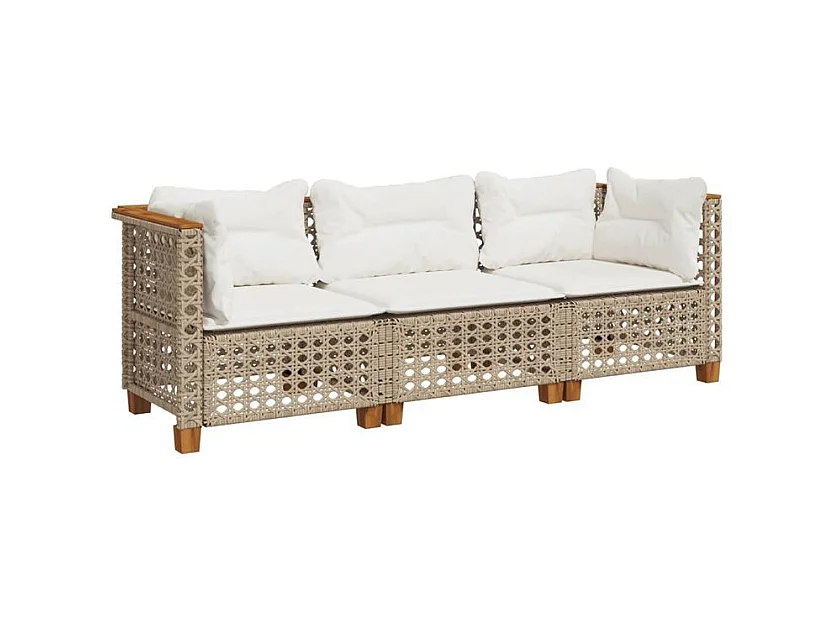 Canapé de jardin avec coussins 3 places beige résine tressée