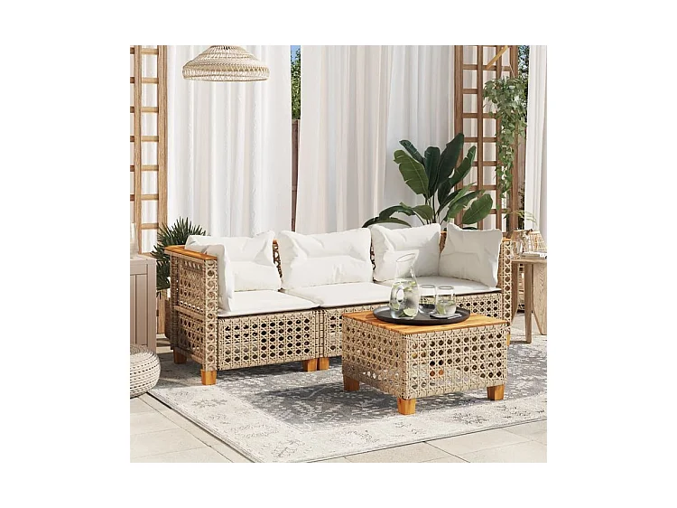 Canapé de jardin avec coussins 3 places beige résine tressée