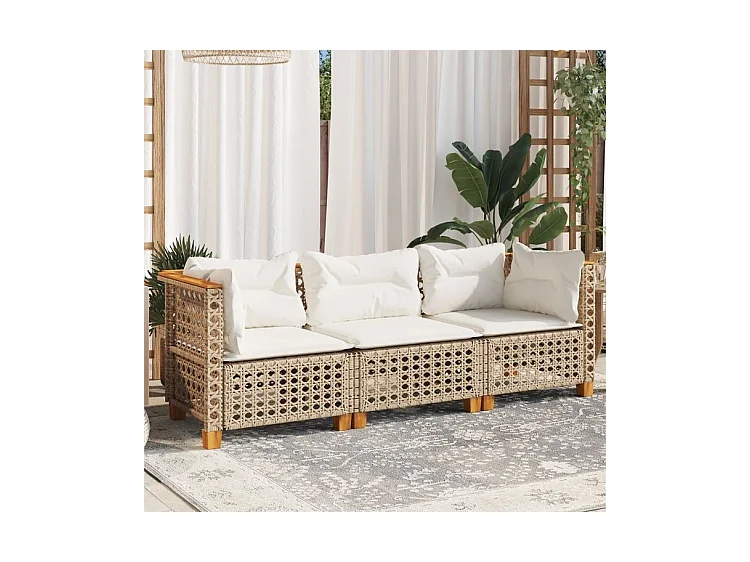 Canapé de jardin avec coussins 3 places beige résine tressée